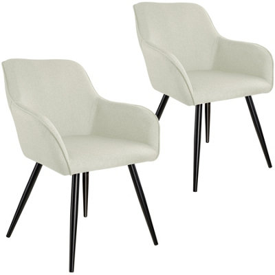 Chair Marilyn Set of 2 - with armrests, padded, linen look, black steel legs - cream/black