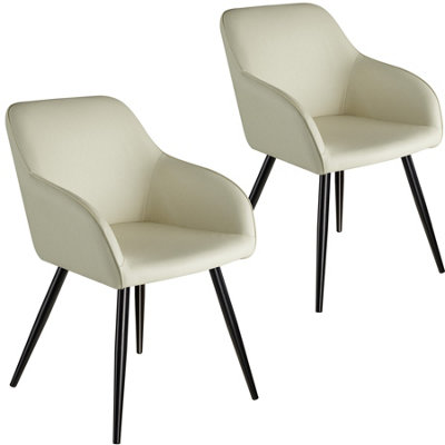 Chair Marilyn Set of 2 - with armrests, upholstered, fabric cover, black steel legs - cream/black