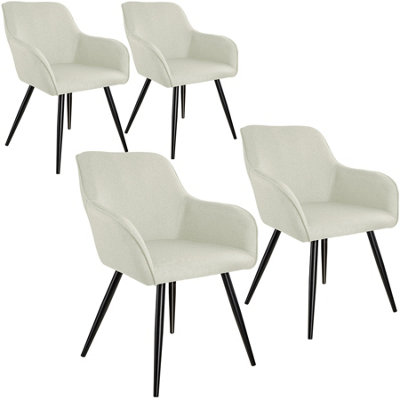 Chair Marilyn Set of 4 - with armrests, padded, linen look, black steel legs - cream/black