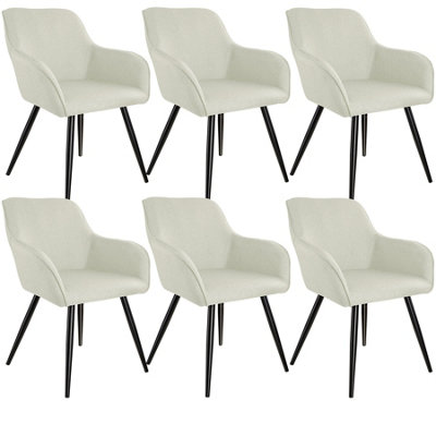 Chair Marilyn Set of 6 - with armrests, padded, linen look, black steel legs - cream/black