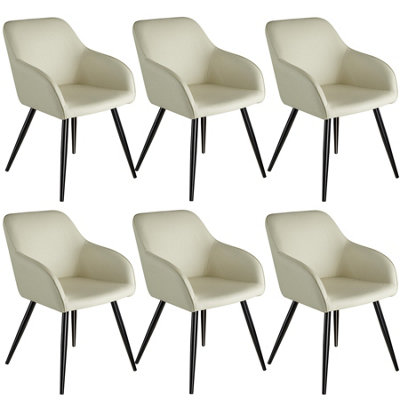 Chair Marilyn Set of 6 - with armrests, upholstered, fabric cover, black steel legs - cream/black