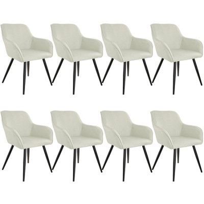 Chair Marilyn Set of 8 - with armrests, padded, linen look, black steel legs - cream/black