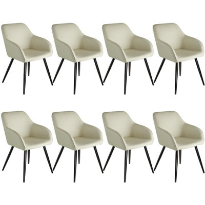 Chair Marilyn Set of 8 - with armrests, upholstered, fabric cover, black steel legs - cream/black