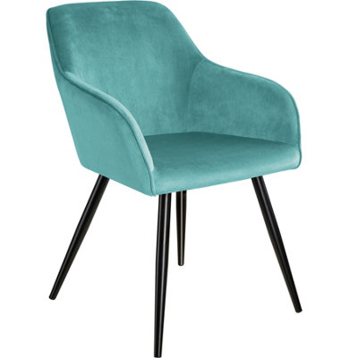 Chair Marilyn - with armrests, padded, velvet look, black steel legs - turquoise/black