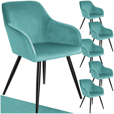 Chair Marilyn - with armrests, padded, velvet look, black steel legs - turquoise/black