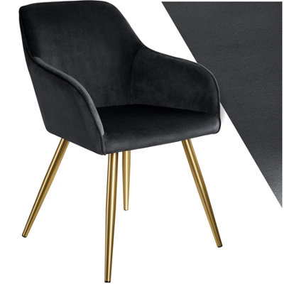 Chair Marilyn - with armrests, padded, velvet look, golden steel legs - black/gold