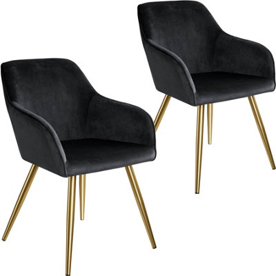 Chair Marilyn - with armrests, padded, velvet look, golden steel legs - black/gold