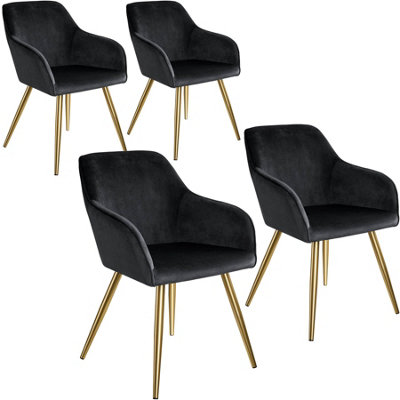 Chair Marilyn - with armrests, padded, velvet look, golden steel legs - black/gold