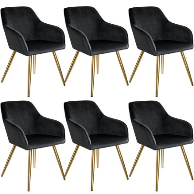 Chair Marilyn - with armrests, padded, velvet look, golden steel legs - black/gold