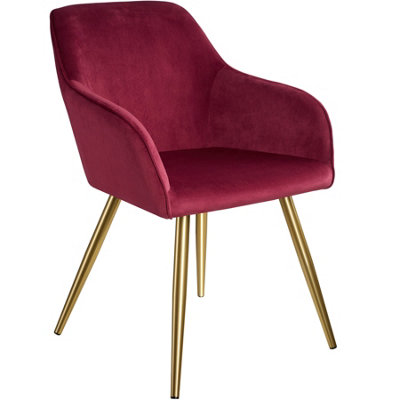 Chair Marilyn - with armrests, padded, velvet look, golden steel legs - bordeaux/gold