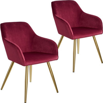 Chair Marilyn - with armrests, padded, velvet look, golden steel legs - bordeaux/gold