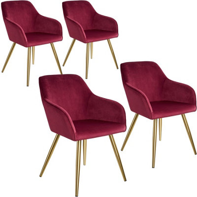 Chair Marilyn - with armrests, padded, velvet look, golden steel legs - bordeaux/gold