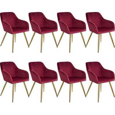 Chair Marilyn - with armrests, padded, velvet look, golden steel legs - bordeaux/gold