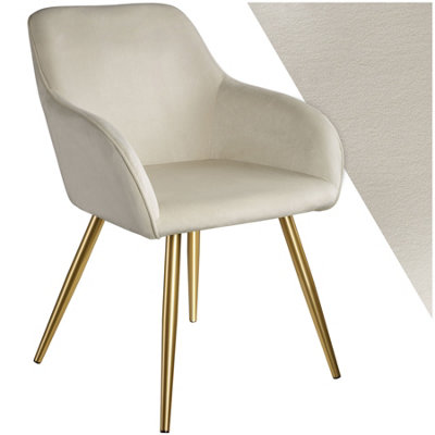 Chair Marilyn - with armrests, padded, velvet look, golden steel legs - cream/gold