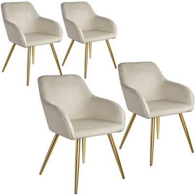 Chair Marilyn - with armrests, padded, velvet look, golden steel legs - cream/gold