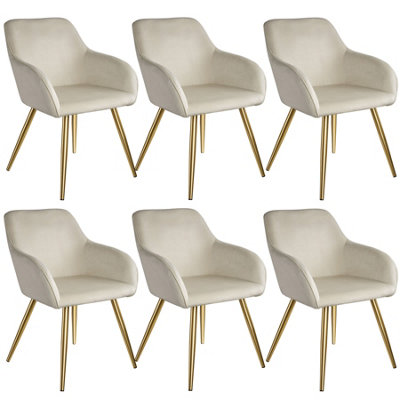 Chair Marilyn - with armrests, padded, velvet look, golden steel legs - cream/gold