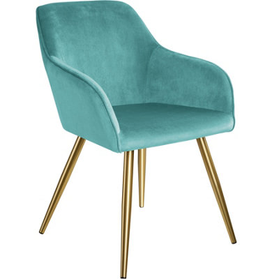 Chair Marilyn - with armrests, padded, velvet look, golden steel legs - turquoise/gold