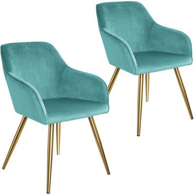 Chair Marilyn - with armrests, padded, velvet look, golden steel legs - turquoise/gold