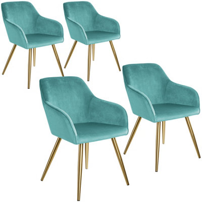 Chair Marilyn - with armrests, padded, velvet look, golden steel legs - turquoise/gold