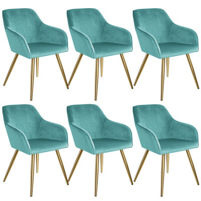 Chair Marilyn - with armrests, padded, velvet look, golden steel legs - turquoise/gold