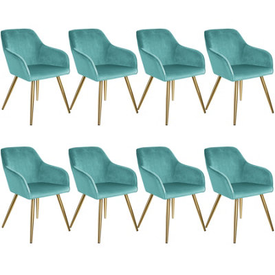 Chair Marilyn - with armrests, padded, velvet look, golden steel legs - turquoise/gold