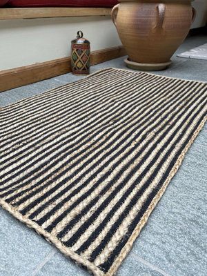 CHAKKAR DARK Stripe Rectangular Braided Beige Black Rug - Jute - L120 x W180 - Beige/Black