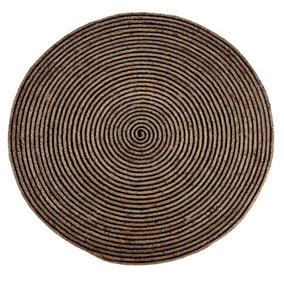 CHAKKAR DARK Stripe Round Jute Beige Black Rug / 210 cm Diameter
