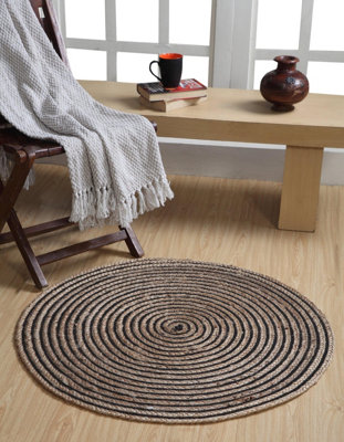 CHAKKAR DARK Stripe Round Jute Beige Black Rug / 60 cm Diameter