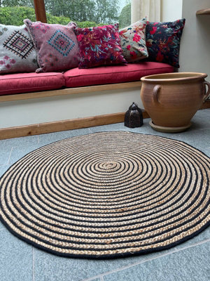 CHAKKAR DARK Stripe Round Rug Braided in Beige Black - Jute - L150 x W150 - Beige/Black