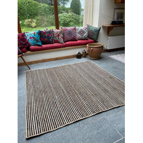 CHAKKAR DARK Stripe Square Beige Black Rug - Jute - L120 x W120 - Beige/Black