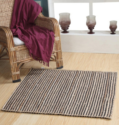 CHAKKAR DARK Stripe Square Jute Beige Black Rug / 120 cm x 120 cm
