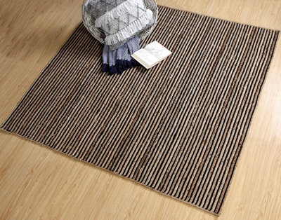 CHAKKAR DARK Stripe Square Jute Beige Black Rug / 150cm x 150 cm