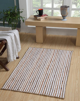 CHAKKAR PALE Stripe Rectangular Jute Beige White Hall Rug / 75 cm x 120 cm