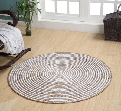 CHAKKAR PALE Stripe Round Jute Beige Hall Rug / 90 cm Diameter