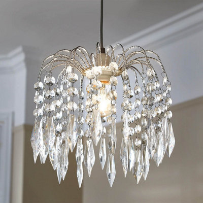 Chandelier Pendant Shade - Triple Tier Arched Chrome Arms with Acrylic Droplets - Easy Fit No Wiring Required 26 x 25cm