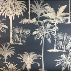 Charcoal and Gold Tropical Palms Wallpaper