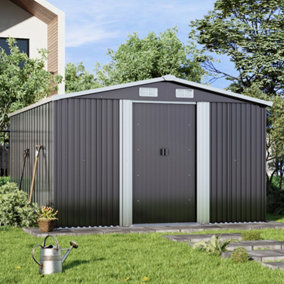 Charcoal Black Apex Roof Garden Metal Furniture Storage Tool Shed with Lockable Door 10 x 12 ft