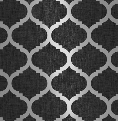Charcoal Black Trellis Geometric Metallic Silver Grey Wallpaper Linen