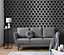 Charcoal Black Trellis Geometric Metallic Silver Grey Wallpaper Linen Effect