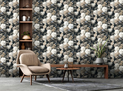 Charcoal Floral Bouquet Wallpaper