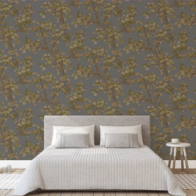 Charcoal Floral Wallpaper Acer Tree Leaves Textured Vinyl Paste The Wall Feature