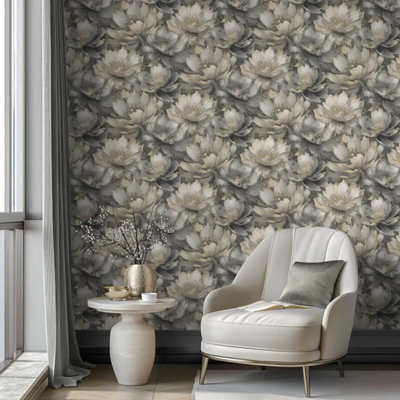 Charcoal Gold Floral Wallpaper 3D Effect Metallic Shimmer Feature Wall Lounge