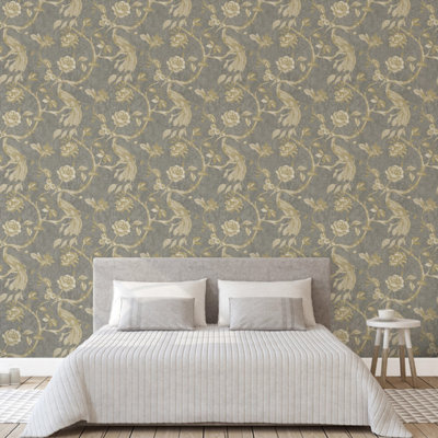 Charcoal Gold Floral Wallpaper Birds Metallic Shimmer Textured Vinyl Feature Wall