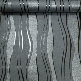 Charcoal Grey Black Glitter Textured Paste the Wall Wallpaper Vinyl Wave Stripe