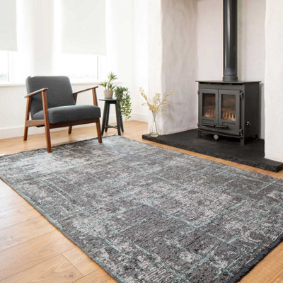 Charcoal Grey Distressed Abstract Reversible Chenille Living Area Rug ...