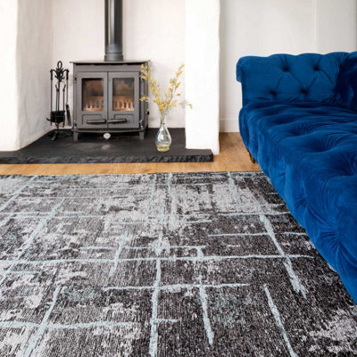 Charcoal Grey Distressed Abstract Reversible Chenille Living Area Rug 150x230cm