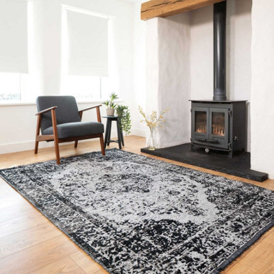 Charcoal Grey Distressed Traditional Medallion Reversible Chenille Area ...