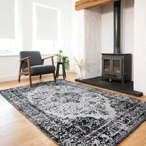 Charcoal Grey Distressed Traditional Medallion Reversible Chenille Area Rug 115x170cm