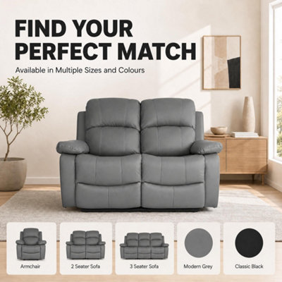 Charcoal Grey Faux Leather Manual Recliner Sofa - 2 Seater