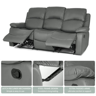 Charcoal Grey Faux Leather Manual Recliner Sofa - 3 Seater